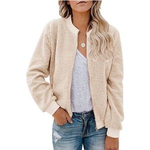 Mirol Sherpa Fleece Zip Up Beige Bomber Coat